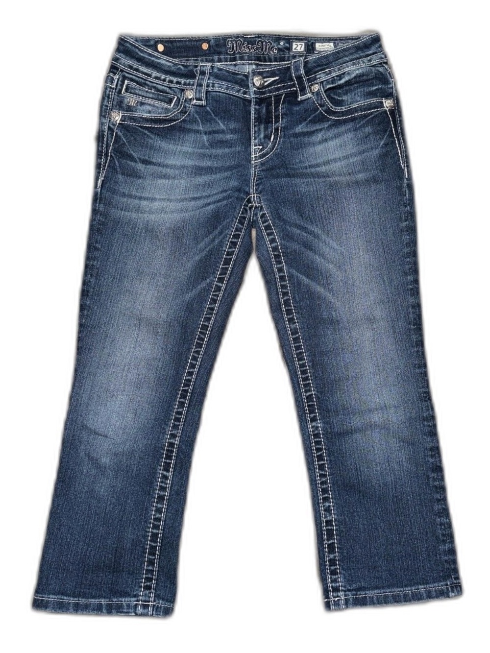 Miss Me Dark Blue Embroidered Cross Pocket Crop Jeans